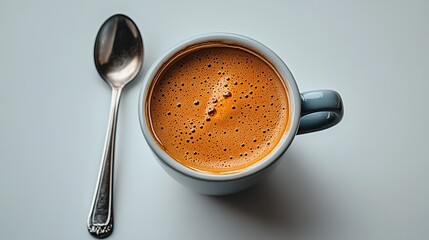 Minimalist Coffee Mug and Silver Spoon, Espresso Scene, Coffee Culture and Catering Material