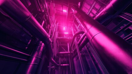 Industrial factory pipes and machinery with cyberpunk neon lights