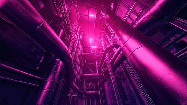 Industrial factory pipes and machinery with cyberpunk neon lights
