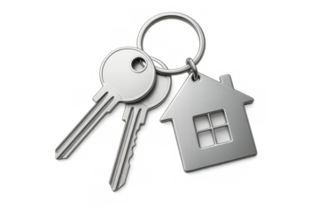 House keys with silver home keychain representing real estate, property ownership, and buying a new house