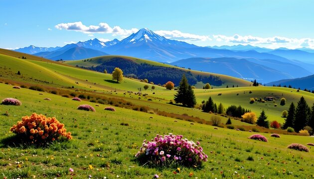 Serene Countryside with Meadows and Snowcapped Mountains