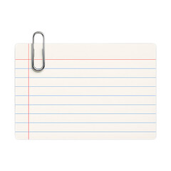 Horizontal blank white index card featuring blue lines and a red margin, securely fastened by a silver paperclip, on a transparent background