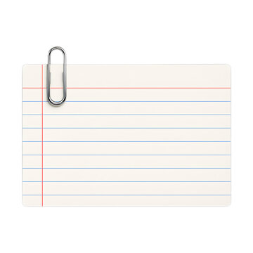 Horizontal blank white index card featuring blue lines and a red margin, securely fastened by a silver paperclip, on a transparent background