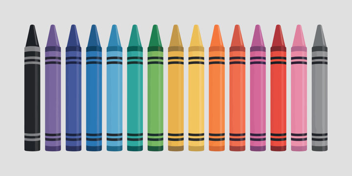 School supply crayon set in various color including black, blue, turquoise, teal, green, yellow, orange, red, pink, purple, brown, and gray crayons