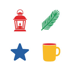 Colorful holiday icons: lantern, pine branch, star, and mug on white background Vector, illustration