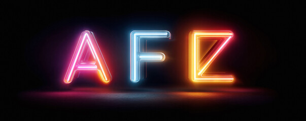 Vibrant neon letters glow in the dark. Modern abstract design element. Ideal for technology, entertainment, or futuristic concepts, adding a bold stylish touch.