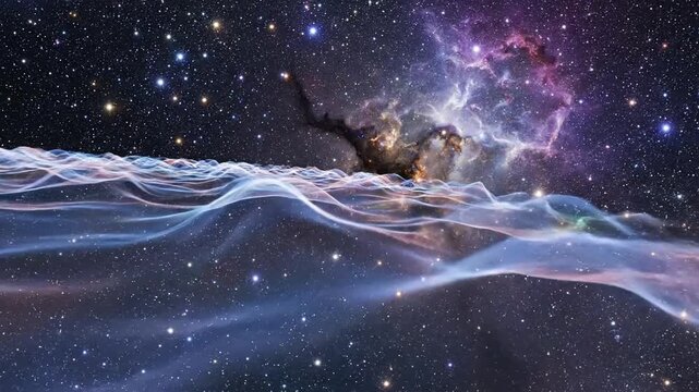Vast cosmic nebula with glowing stardust and ethereal celestial waves - Powered by Adobe