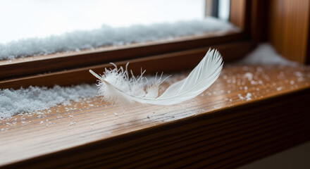 Delicate White Feather Resting on Snow-Dusted Wooden Sill
A gentle, close-up photograph capturing a single, soft white feather standing slightly curved on a warm, brown wooden window sill