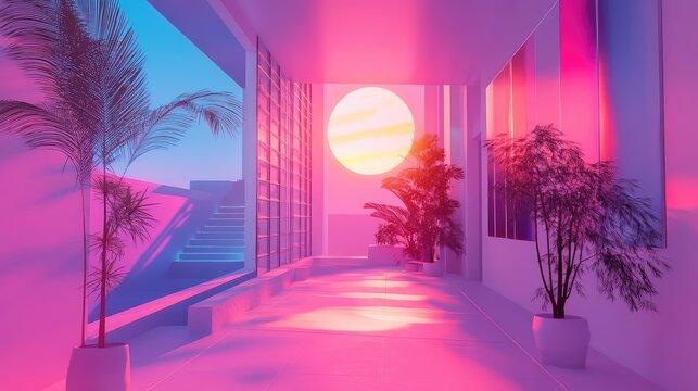 Vaporwave aesthetic hallway with glowing sunset and tropical plants