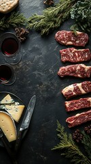 Raw Steak, Cheese and Red Wine Platter, Dark Food Layout, Catering Ingredient and Cooking Material