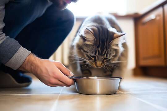 Caring Young Man Feeding Domestic Cat in Home Kitchen, Close-Up Interaction Showing Pet Bonding, Animal Care Routine and Responsible Pet Ownership Concept