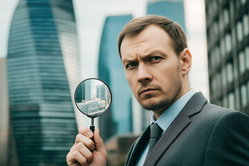 Serious Businessman Holding Magnifying Glass for Close Inspection in Urban Outdoor Setting, Concept of Investigation, Analysis, Research and Professional Observation
