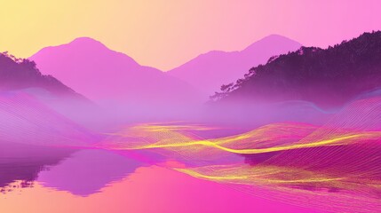Abstract synthwave landscape with glowing neon waves reflected