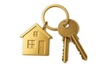 Golden house keychain with two keys representing real estate, home ownership, and new beginnings on transparent background
