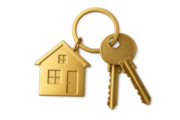 Golden house keychain with two keys representing real estate, home ownership, and new beginnings on transparent background