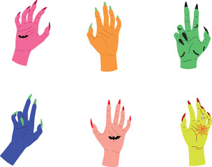Colorful spooky monster hands illustration with long claws and Halloween icons, creative cartoon design for seasonal themes, horror artwork, decorative vector graphics