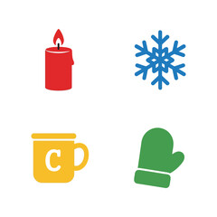 Cozy winter icons: candle, snowflake, mug, and mitten set Vector, illustration