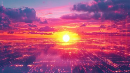 Digital data network connecting an atmospheric sunset sky