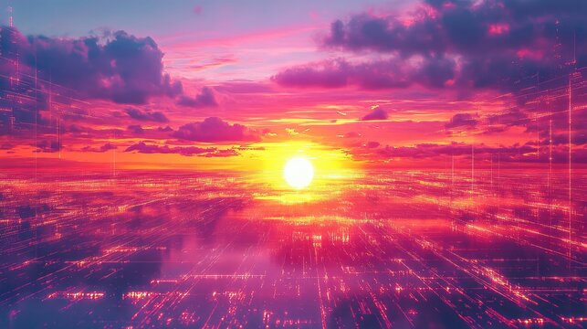 Digital data network connecting an atmospheric sunset sky - Powered by Adobe