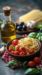 Italian Spaghetti with Tomato and Olive Oil, Classic Pasta Food, Catering Photography and Pasta Material