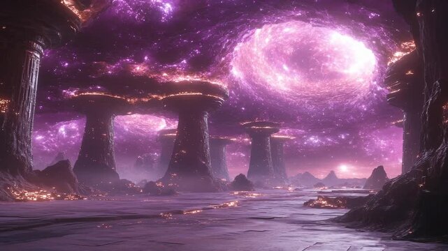 A mysterious alien world with giant glowing pillars lies beneath a cosmic purple nebula a perfect epic fantasy background for a cinematic science fiction movie intro or video game world