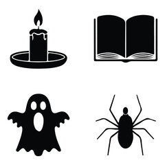 Halloween Icon Set Candle Silhouette, Ghost, Spider, and Open Book Vector