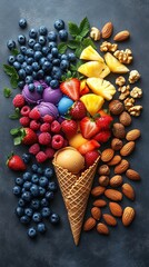 Colorful Ice Cream with Fresh Fruits and Nuts, Creative Dessert Layout, Summer Food and Ice Cream Material