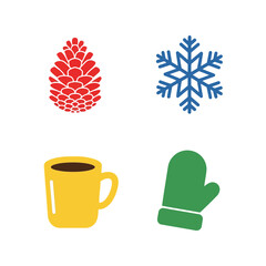 Winter icons: pinecone, snowflake, coffee cup, and mitten on white background Vector, illustration