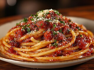 Italian Spaghetti with Tomato Meat Sauce, Classic Pasta Food, Catering Photography and Pasta Material