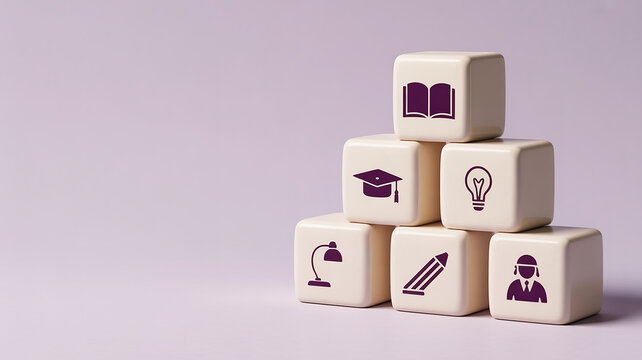 Stack of cubes with education and learning icons, symbolizing knowledge, study, and intellectual development