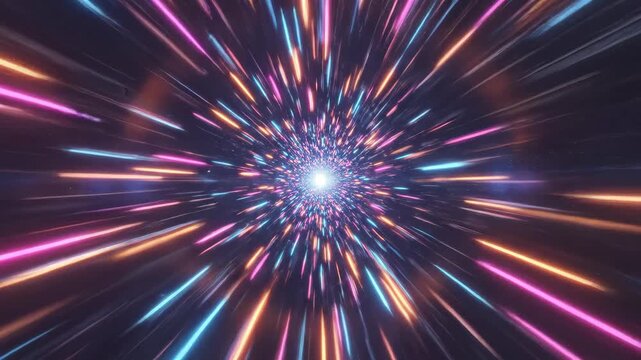 A mesmerizing journey through a vibrant wormhole of glowing neon light streaks.