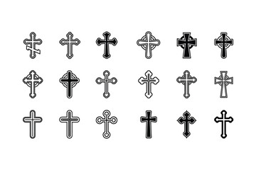 Christian cross icon set. Religious symbol and various crucifix vector signs.