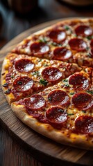 Close-up of Italian Pepperoni Pizza, American Fast Food, Catering Photography and Pizza Material