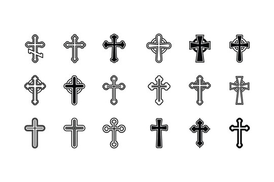 Christian cross icon set. Religious symbol and various crucifix vector signs.