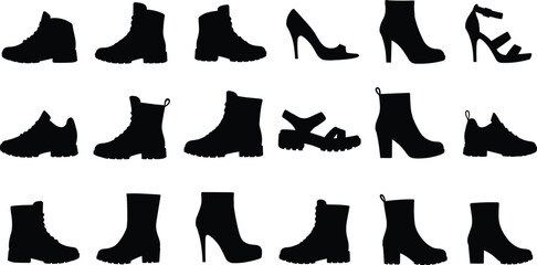 Footwear silhouettes vector illustration, stylish shoe collection, fashionable boots heels and sandals icons, modern fashion design elements for apparel and branding.