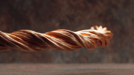Macro shot of twisted copper wire. Abstract energy, connection, or data transfer concepts. Ideal for technology, industry, or finance visuals.