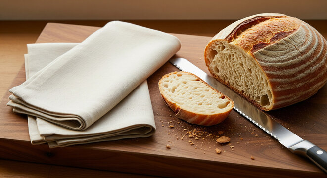 Artisan Sourdough Bread Loaf and Slice on Wooden Board
A warm, inviting still-life image featuring a freshly baked round loaf of artisan sourdough bread