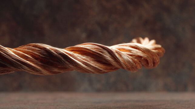 Macro shot of twisted copper wire. Abstract energy, connection, or data transfer concepts. Ideal for technology, industry, or finance visuals.
