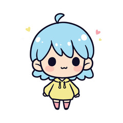Charming Kawaii Chibi Character in Yellow Hoodie, Blue Hair, Radiating Joy with Sweet Hearts