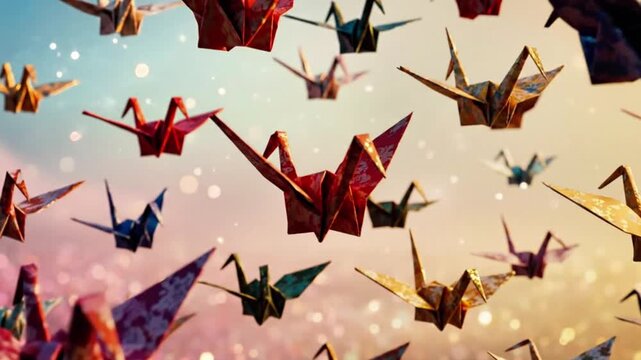 Paper cranes flying upward in slow motion.