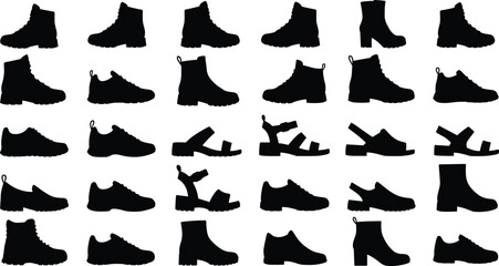 Footwear silhouettes vector illustration, stylish shoes and boots collection, casual sneakers and sandals icons, modern fashion footwear design elements for branding.