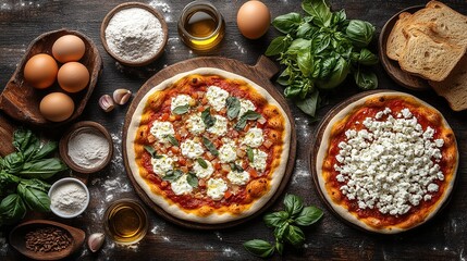 Italian Pizza Ingredients and Finished Product, Cooking Scene, Catering Photography and Pizza Material
