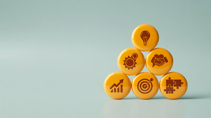 Fototapeta premium Pyramid of yellow circles with business icons representing strategy, growth, and innovation
