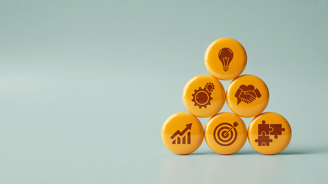 Pyramid of yellow circles with business icons representing strategy, growth, and innovation