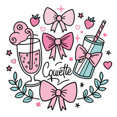 Cute pastel milk bottles with bows, stars, and hearts — kawaii aesthetic, flat illustration style, soft pastel colors, clean outlines, minimal background