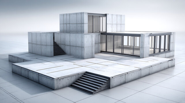 Modern architectural design featuring concrete blocks and glass structures - Powered by Adobe