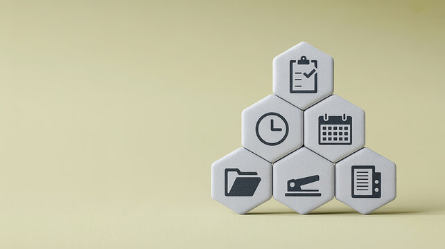Hexagonal blocks stacked in a pyramid shape with icons representing business and office tasks