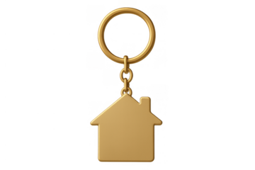 Golden house keychain on a ring representing buying, selling, and owning property, housing, and real estate, with a transparent background