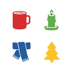 Set of four festive winter icons: mug, candle, scarf, and christmas tree Vector, illustration