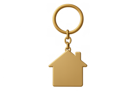 Golden house keychain on a ring representing buying, selling, and owning property, housing, and real estate, with a transparent background